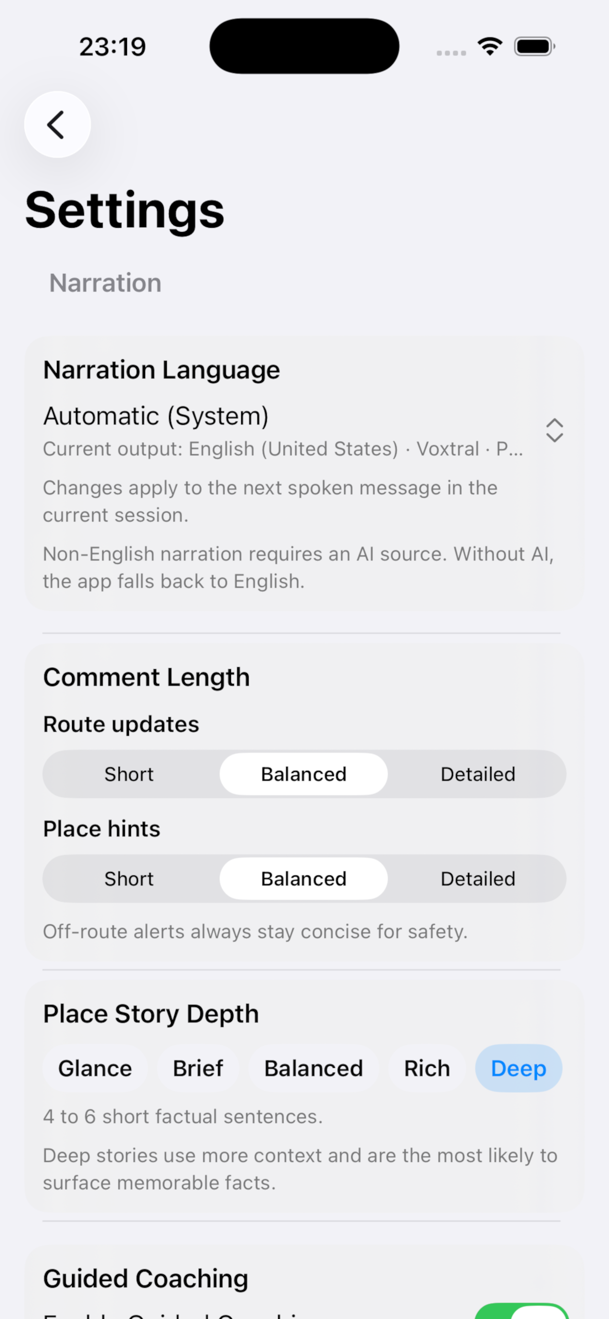 Hike Buddy AI narration settings with place hints and story depth