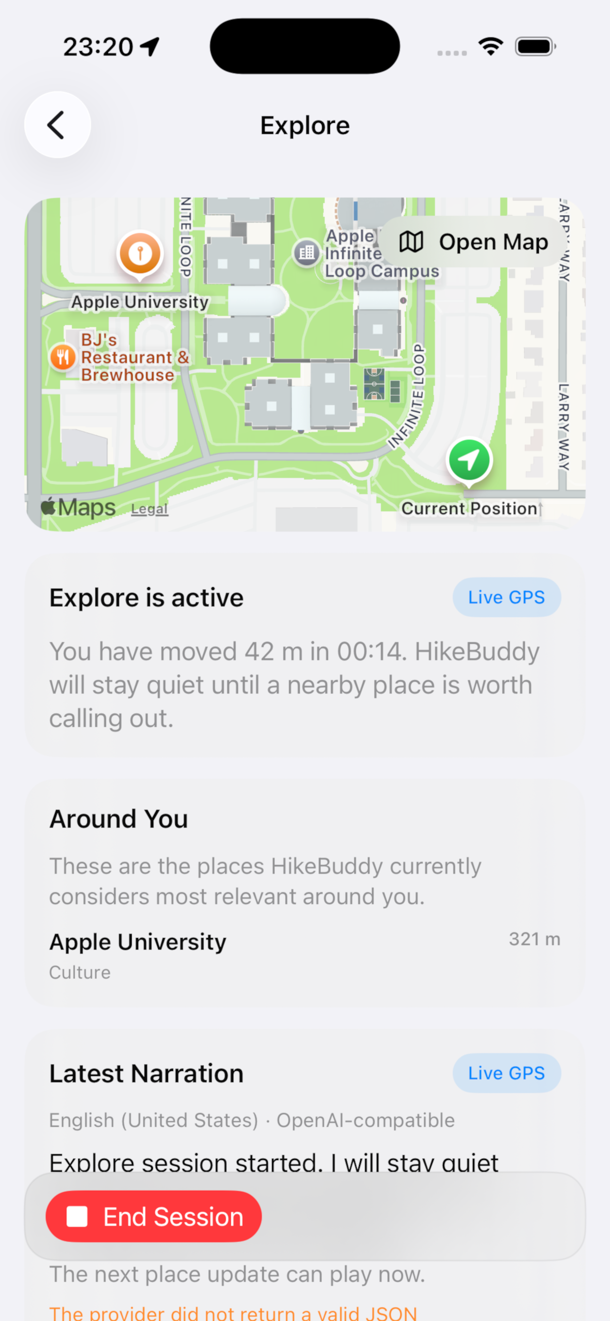 Hike Buddy AI explore session with map and nearby places