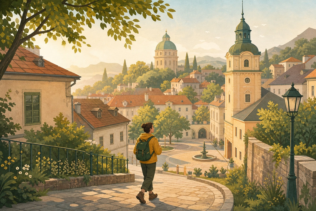 A curious walker exploring a European old town with Hike Buddy