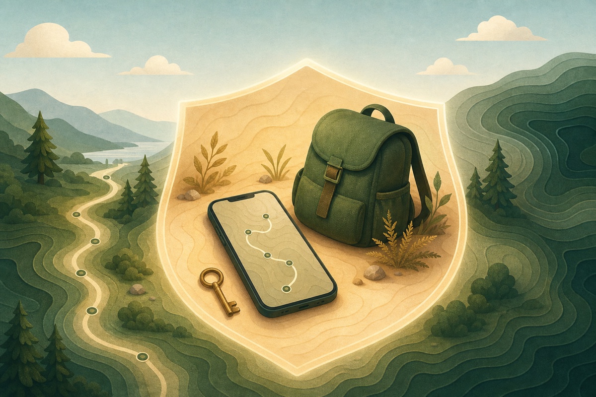 A phone and walking gear protected by a privacy shield