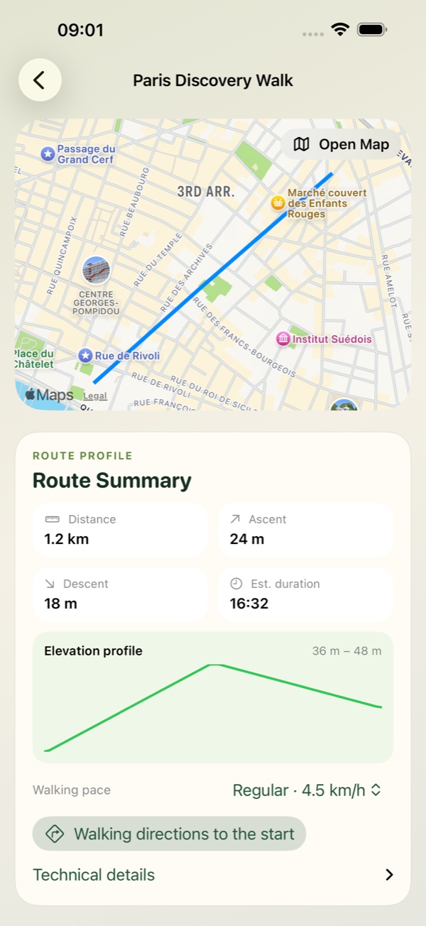 A GPX route preview in Hike Buddy