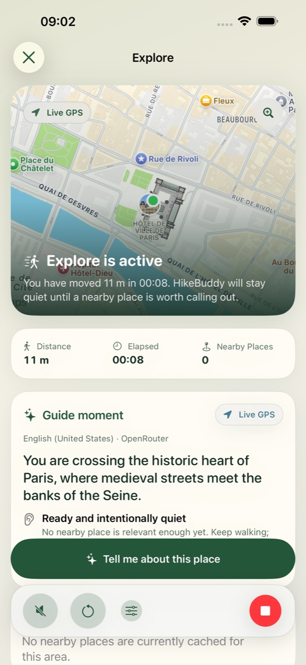 Hike Buddy live map, guide moment, and on-demand place request
